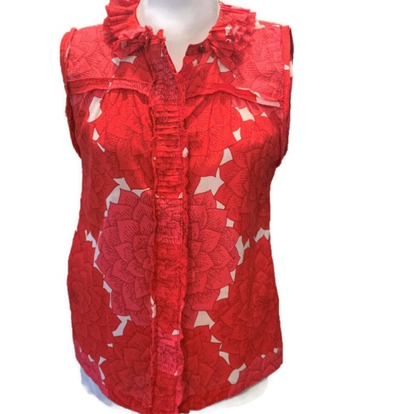 Tory Burch Tops - Tory Burch Button Ruffle Top - Red Pink Floral